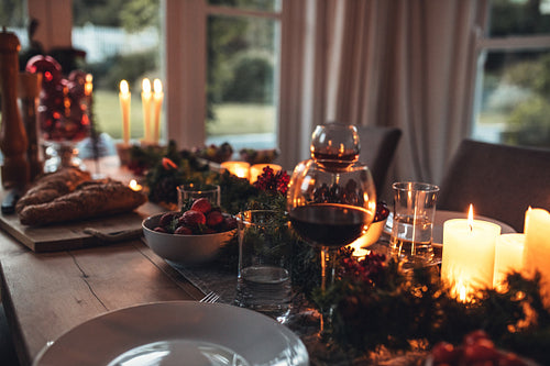 Traditionally decorated christmas table at home