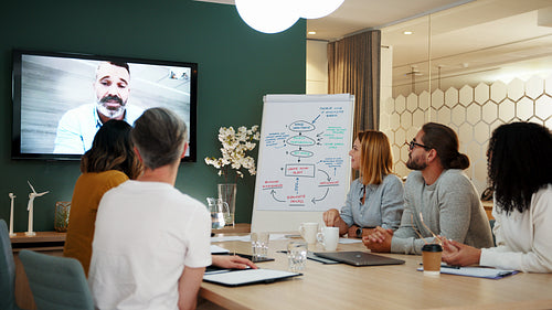 Business professionals celebrate success in a corporate team meeting via video conference
