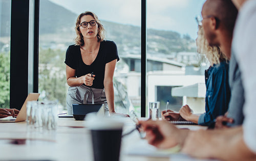 Businesswoman addressing her team at a meeting