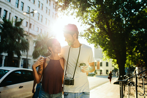 Tourist couple in romantic mood outdoors