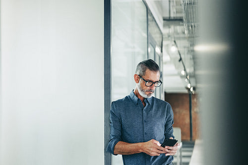 Experienced businessman using a smartphone in an office