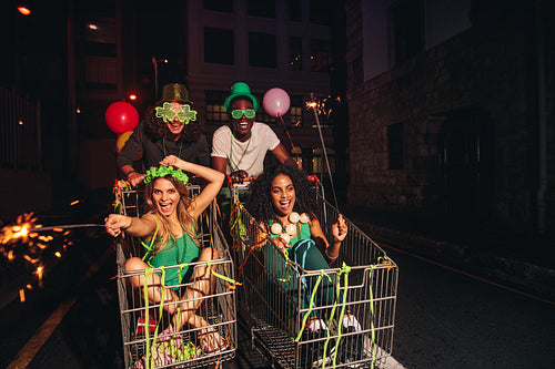 Friends celebrating St.Patrick's day on city street
