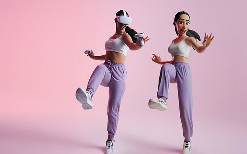 Cheerful young woman partying as an avatar in the metaverse