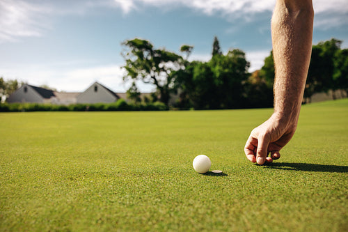 Golfer setting up a golf ball on the lush green of a golf course.