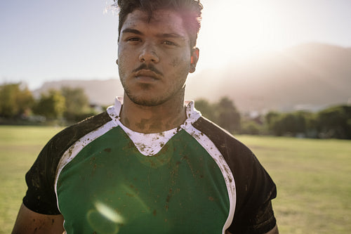 Dirty rugby player on field