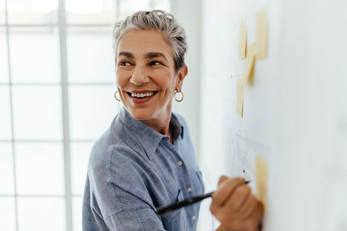 Happy female designer brainstorming and planning a project in her office