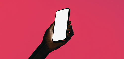 Hand holding smartphone with blank screen on a vibrant pink background
