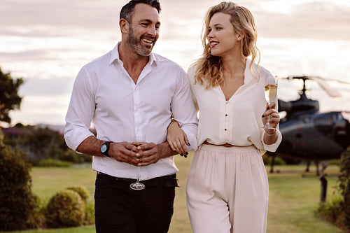 Beautiful couple walking together outdoors