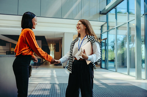 Professional businesswomen meeting each other at a modern office entrance