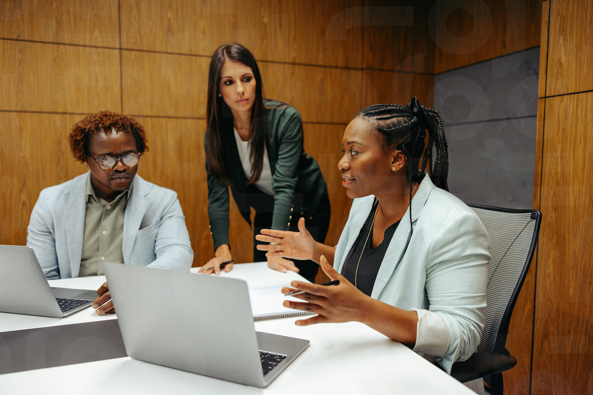 Accountants discussing a client project in a modern office setting ...