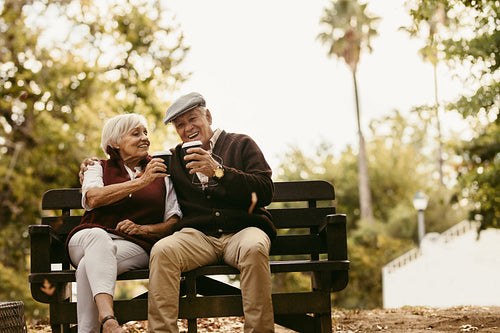 Happy senior couple picnicking in the park