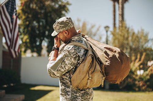 Emotional soldier returning from the military