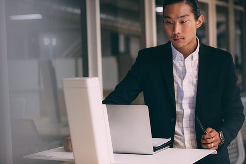 Businessman working on laptop standing in office