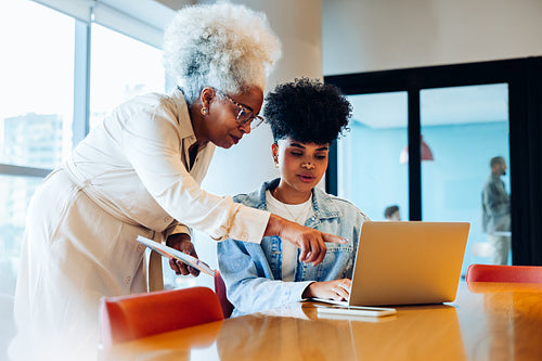 Female manager guides younger apprentice at laptop