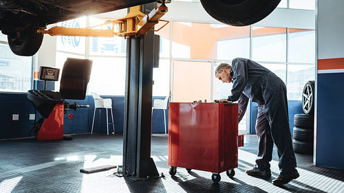 Mechanic looking for tools in the garage