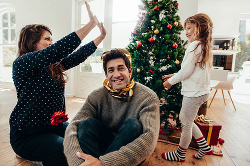Family having fun together on Christmas.