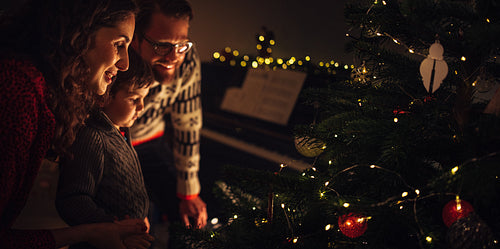 Family looking at Christmas tree