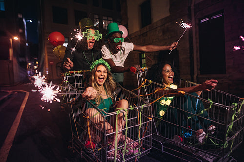 Friends having St.Patrick's days celebration on street