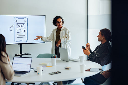 Business presentation in a team meeting about mobile app