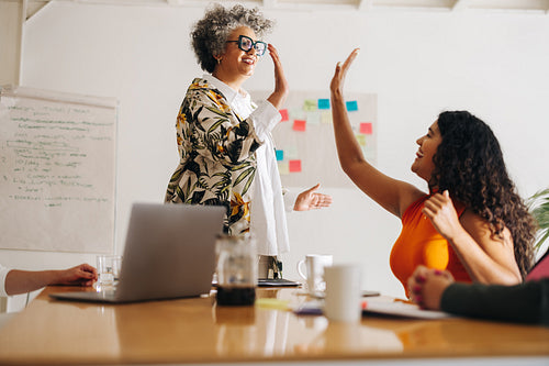 Cheerful businesswomen celebrating their success in a boardroom