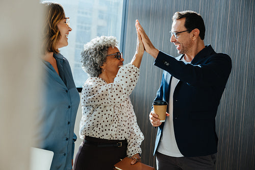 High five business success lifts the team during a modern office meeting