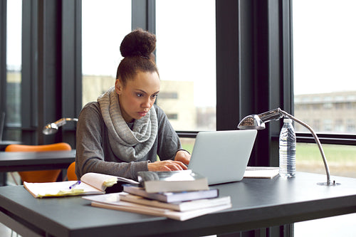Woman using laptop for taking notes to study