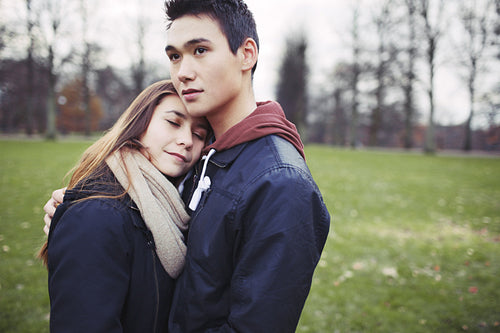 Loving young couple in park