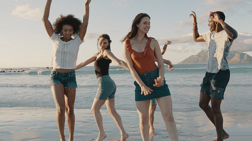 Group friends dancing on the beach
