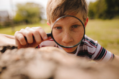 Boy exploring with magnifying glass at the park