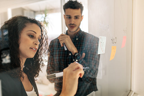 Business colleagues discussing work on a glass board in office
