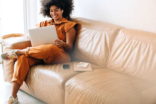 Young businesswoman having a video call on a laptop