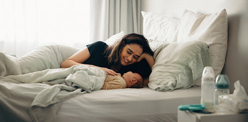Mother bonding with newborn baby