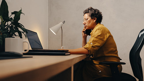 Mature businesswoman talking on the phone while working at her desk