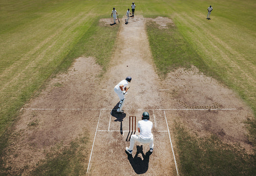 Overhead view of a cricket match on a sports field