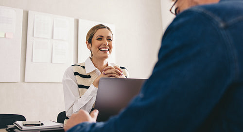 Cheerful businesswoman having a meeting with a business partner in her office