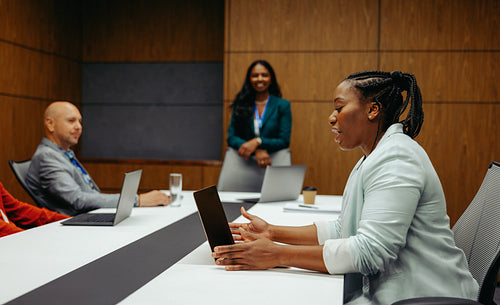 African businesswomen leading a dynamic board meeting discussion