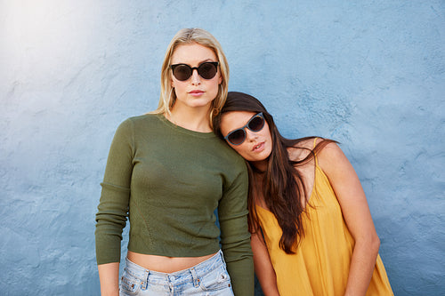 Stylish young female models on blue background