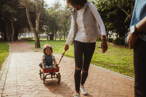 Mother pulling children in wagon at park
