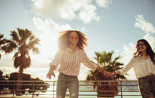 Friends enjoying at seaside promenade