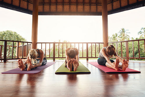 Three women practicing paschimottanasana pose at yoga class
