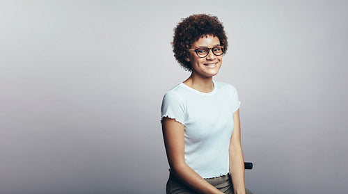 Smiling curly haired woman