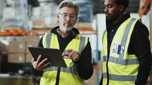Experienced warehouse worker shows a new employee how to do inventory management with warehouse management technology