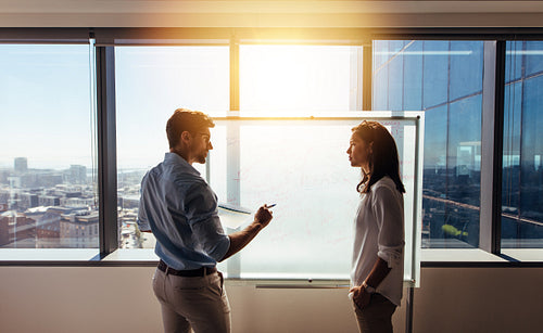 Colleagues discussing business ideas in office.