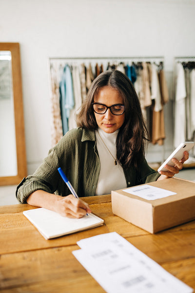 Online store owner writing down the details of an order before shipping
