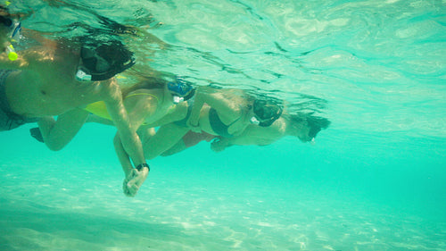 Underwater view of family snorkeling together in clear blue ocean water on a sunny holiday