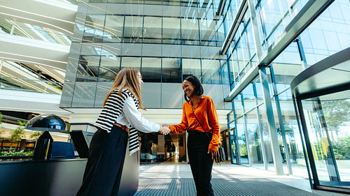 Professional greeting between colleagues in modern office lobby