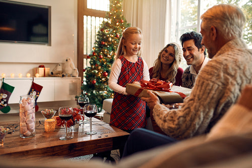 Cute little girl receiving a gift for christmas