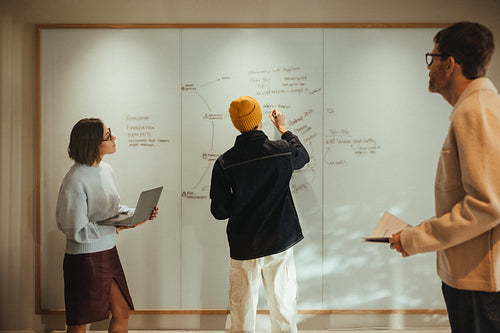 Team members review diagrams around an office whiteboard