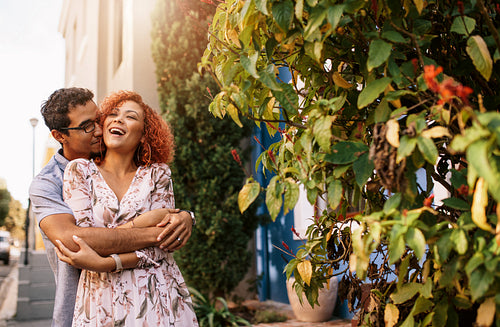 Young couple in a romantic mood outdoors.