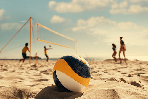 Volleyball pros in beach championship on sand court